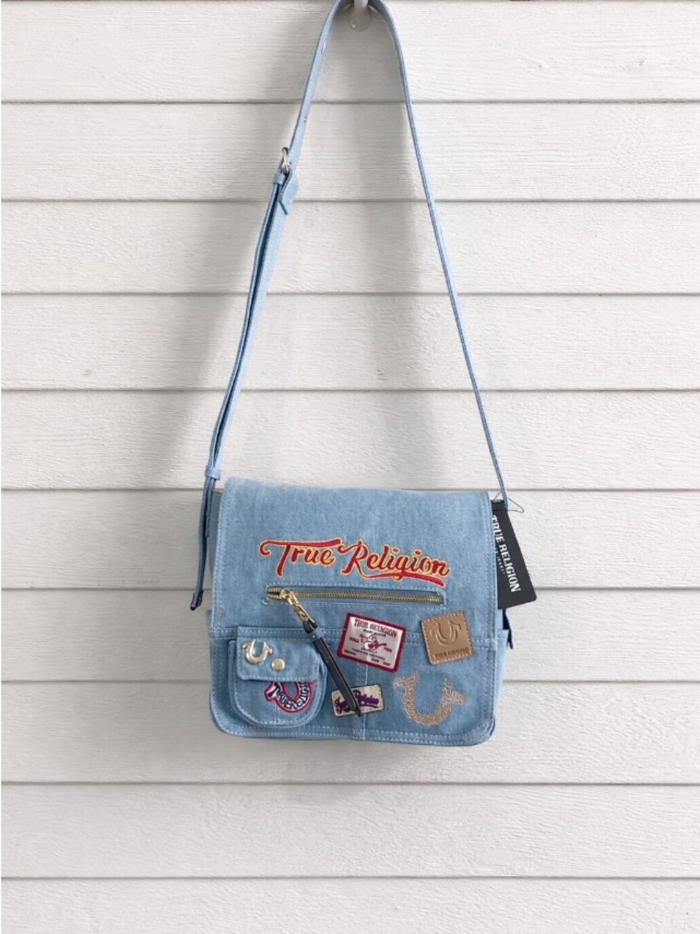 True Religion Denim Crossbody Bag Embroidered Logo NWT